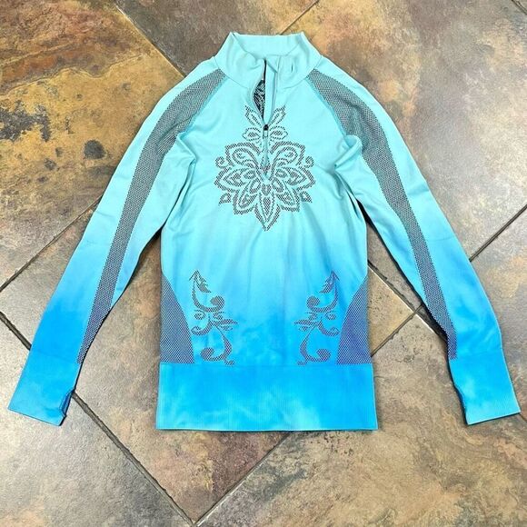 Athleta Blue Ombre Twist 1/4 Zip Long Sleeve Thumbhole Activewear Top Small - Picture 7 of 11